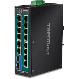 TRENDnet TI-PG162 16-Port Ethernet Switch, 14 Gigabit PoE+ ports, 2 Gigabit SFP slots, 32 Gbps switching capacity, DIN-rail/wall mount